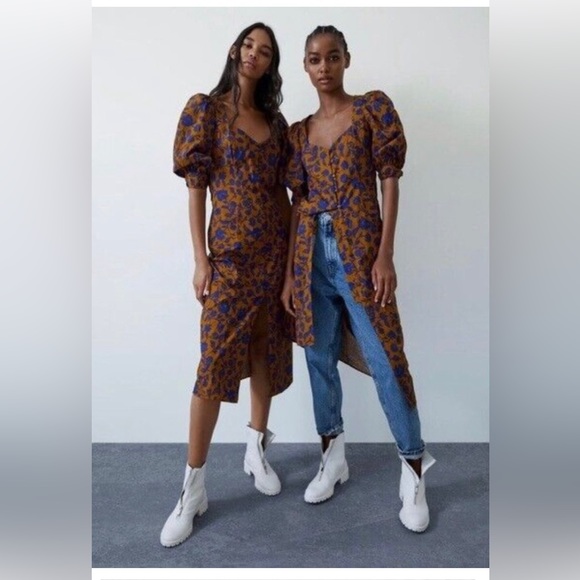 ZARA Cotton Poplin Puff Sleeve Midi Dress, Size XS - Picture 3 of 6